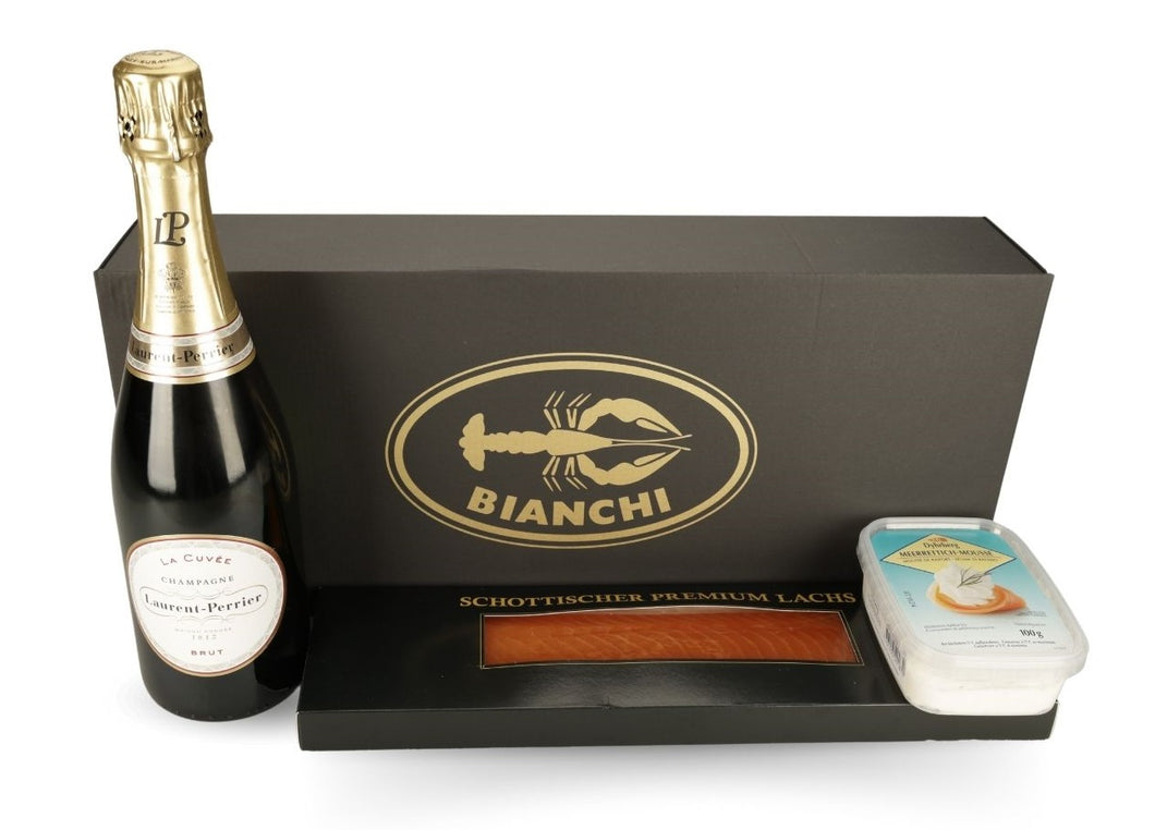 Bianchi-Box mit Champagner & schottischem Rauchlachs